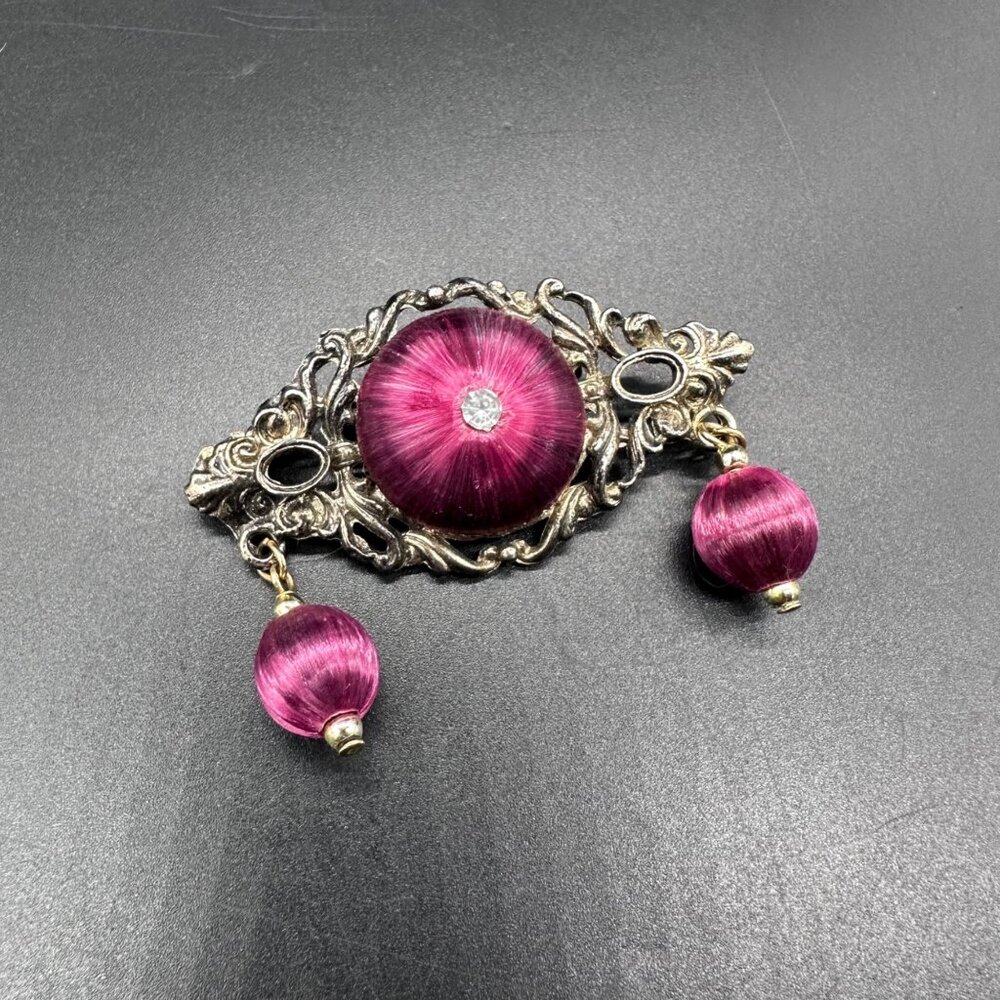 Vintage Brooch Pin Purple Fabric Dangle Antiqued Finish Victorian Style Bar